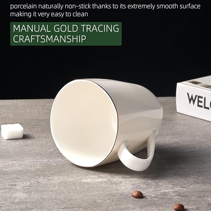 Bone China Coffee Mugs, 10oz Espresso Cups, Lightweight Porcelain White Coffee Mugs, Ceramic Tea Cups with Gold Trim Set of 6, Microwave safe(Moonliaght)