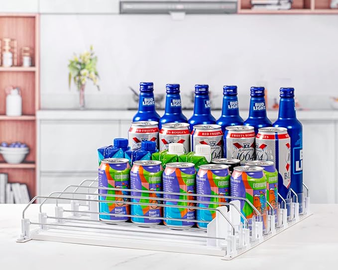 RULA Drink Organizer for Fridge, Width Adjustable Beverage Pusher Glide, Soda Can Dispenser for Refrigerator - Holds up to 30 Cans (15" D, 6 Rows)
