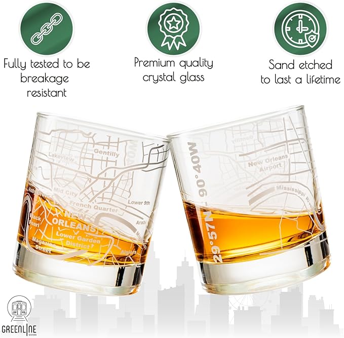 Greenline Goods Whiskey Glasses - 10 Oz Tumbler Gift Set for New Orleans lovers, Etched with New Orleans Map Old Fashioned Rocks Glass - Set of 2
