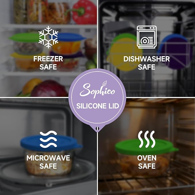 Sophico 4 Cup Round Silicone Storage Cover Lids Replacement for Anchor Hocking and Pyrex 7201-PC Glass Bowls (Container not Included) (PurpleBlue-6 pack)