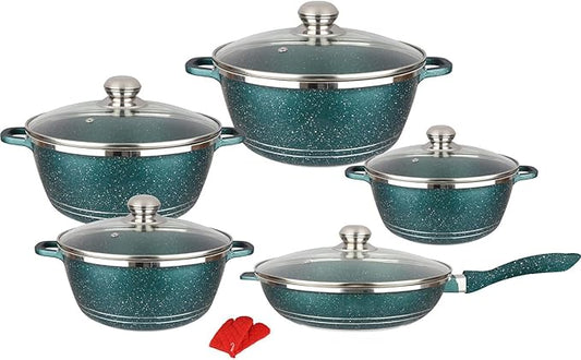 10-Piece Nonstick Cookware Set - Granite & Marble Coated Pots and Pans with Glass Lids - Aluminum Kitchenware Set with Frying Pan, Saucepans, & Stock Pot - Green Variety Pack