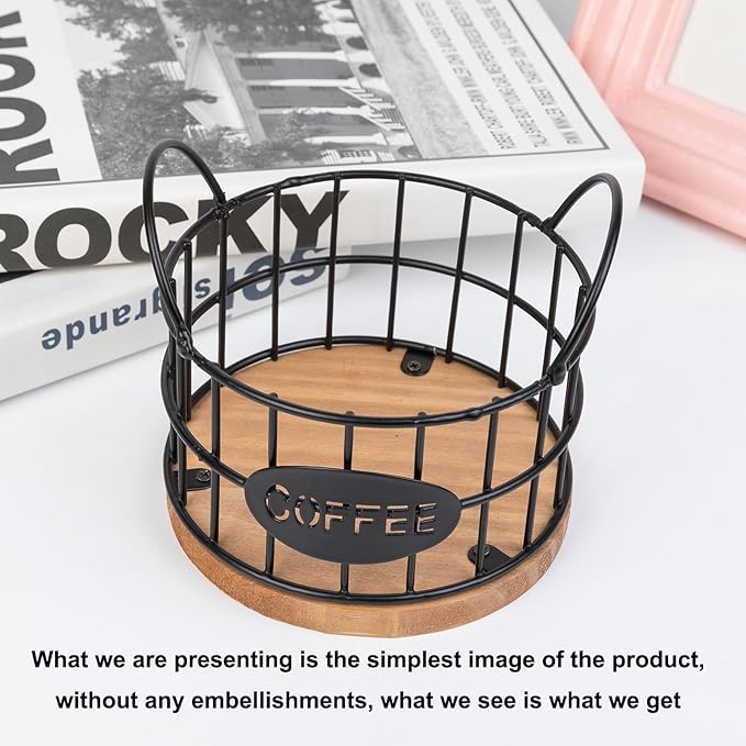 Coffee Pods Holder for Countertop, K Cup Holder Organizer, Sturdy Kcup Storage Basket with Wooden Base , Pod Container For Kitchen Bar Counter Office Desktop (Black)