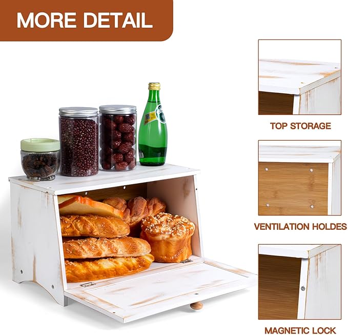 Bamboo Bread Box for Kitchen Countertop, White Vintage Wooden Counter Breadbox, Single Layer Rustic Wood Large Capacity Bread Storage Container Bin