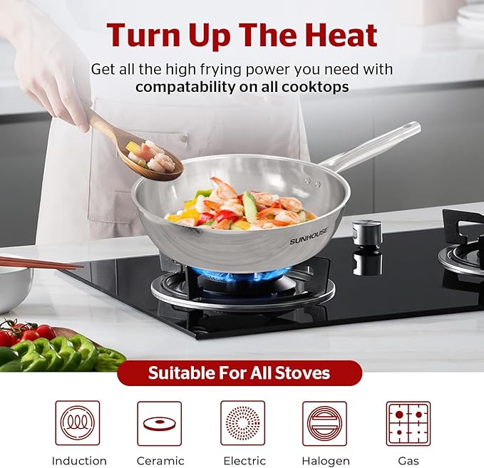 SUNHOUSE 9 Inch Tri-Ply Stainless Steel Frying Pan, Whole-Clad No Coatings Skillet with Stay-cool Handle for Cooking, Durable & Oven Safe to 500°F, Dishwasher Safe, Compatible with All Cooktops