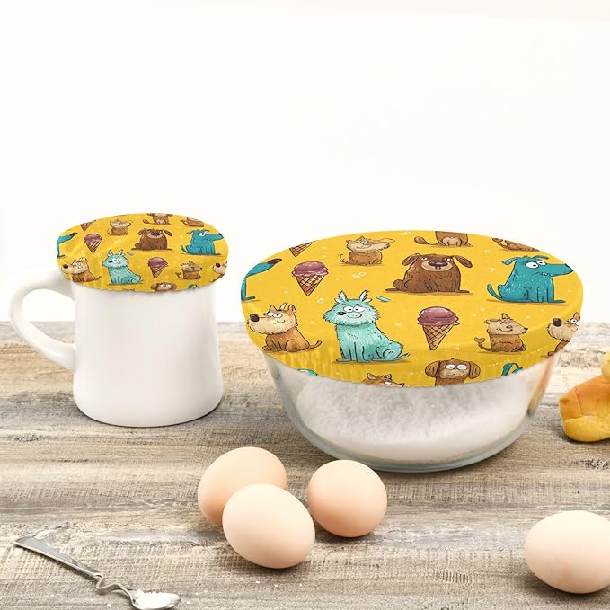5 Pcs Bowl Covers Reusable in 5 Size Elastic Food Cover Cloth Lids Fresh Keeping Dish Cookware Bakeware Fabric Covers Lids for Food Leftovers Fruits Storage Bright Yellow Dogs and Ice Cream