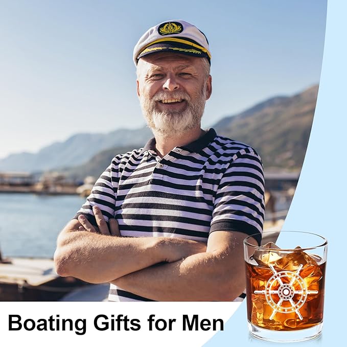 Futtumy Set of 4 Boat Whiskey Glass, Boating Gifts for Men, Nautical Gifts for Boat Lovers Owners Sailors, Anchor Compass Helm Life Ring Rock Glass for Birthday Christmas, 10oz