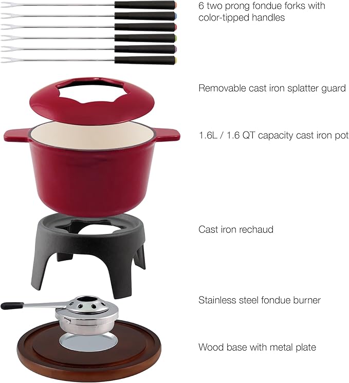 Swissmar F66705 Sierra 1.6-Quart Cast Iron Meat Fondue Set, 11-Piece, Cherry Red