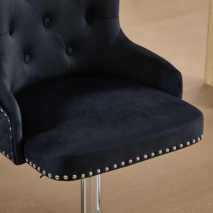 Velvet Barstools Set of 2, Modern Counter Height Adjustable Swivel Stools Chairs with High Tufted Backrest Chrome Base Lion Head Pull Ring Diamond Pattern Rivet Trim for Kitchen (Black)