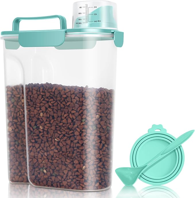 Pet Dog Cat Food Storage Container 5 to 7 lbs with Can Cover and Mixing Spoon, Airtight Travel Pet Food Storage Dispenser with Easy-pouring Spout & Cup, Kibble Dog Treat Bird Seed Container -Cyan
