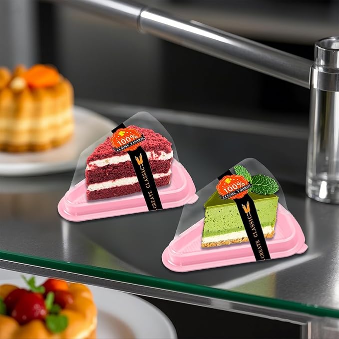 Cake Slice Container, 50 Pack Clear Plastic Cake Containers Cheesecake Container Pie Slice Box, Individual Pie Slice Box Disposable Cheesecake Containers For Pies Snack Dessert (Pink)