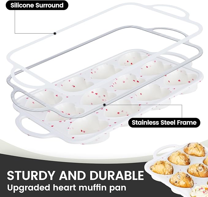 Vinino Silicone Heart Shaped Muffin Pan with Metal Reinforced Frame, 1 Pack Cupcake Pan, Silicone Heart Mold for Baking, Chocolate Bar and Egg Bites, Dishwasher Safe