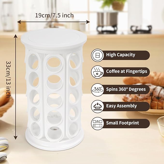 Coffee Pod Carousel Compatible with K-Cup Pods, K Cup Holder Holds 40 Coffee Capsule, New Modern Design for Kitchen Office Countertop or Coffees Station Organizer, Detachable (White)