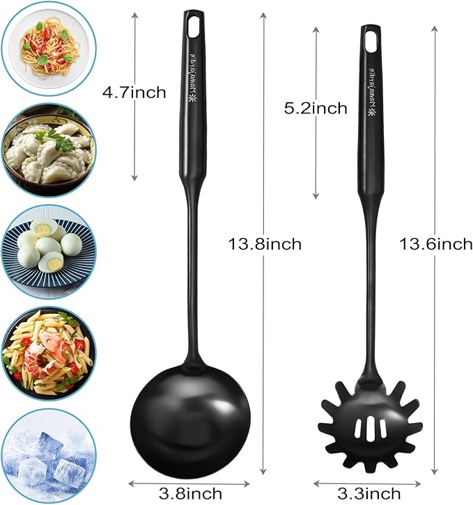 Soup Ladle - 18/10 Stainless Steel Ladle Spoon, 13.8" Soup Spoons [ Integral Forming, Heat Resistance] Resilient Kitchen Metal Ladel for Cooking, Serving, Stirring, Canning，Sauce, Wok & Soup，Black