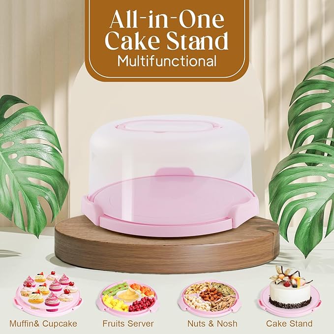 Cake Carrier with Lid and Handle, Cake Container Cupcake Holder for 10 inch Cake with 2 Handles Cupcake Carriers - Cover Two Sided Base for Transport Storage Pies Nuts, Pink Round Cake Stand