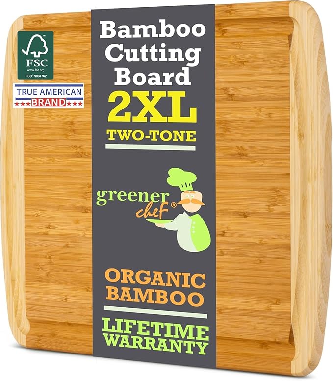 GREENER CHEF 24 Inch Bamboo Cutting Board with Lifetime Replacement - 2XL Extra Large Wooden Butcher Block for Kitchen, Stove Top, Meat, Vegetables, and Charcuterie with Deep Juice Grooves