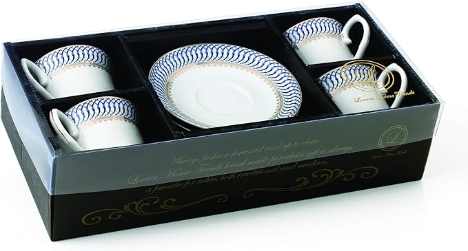 World Gifts Elegant Durable and Colorful Porcelain Tea-Coffee Cups and Saucers Set - Blue and Gold, 8 oz. Set of 4