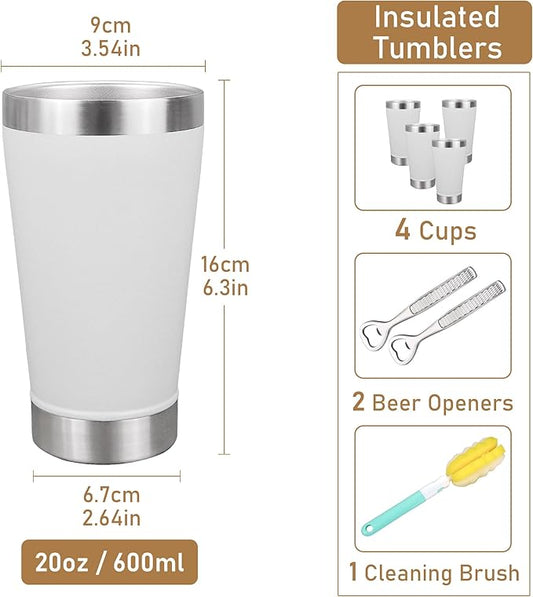 16 oz Beer Tumber Insulated Set of 4, Pint Glass Stainless Steel Double Walled, Stackable Cold Drinking Cup Mug Stein, White, Ideal for Beer Lover, Coffee, Outdoor
