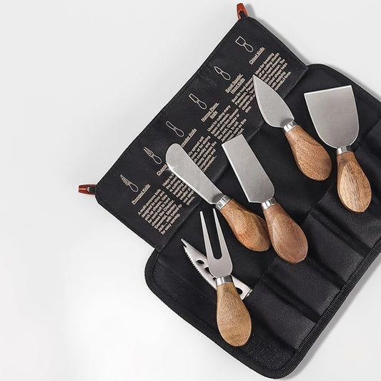 Esie Houzie Charcuterie Board Accessories - 6 Piece Cheese Knife Set Stainless Steel With Acacia Wooden Handle for Cheese Serving Cutting, Cheese Tools Butter Knife With Storage Bag Included Gift Set