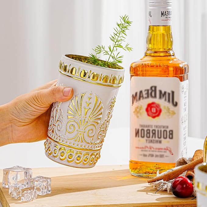 Sungmor Vintage White and Gold Tumblers - Set of 2 Embossed Glasses, 10.8 oz Decorative Drinking Cups for Water, Juice or Cocktails - Elegant Baroque Glassware for Party or Special Occasions