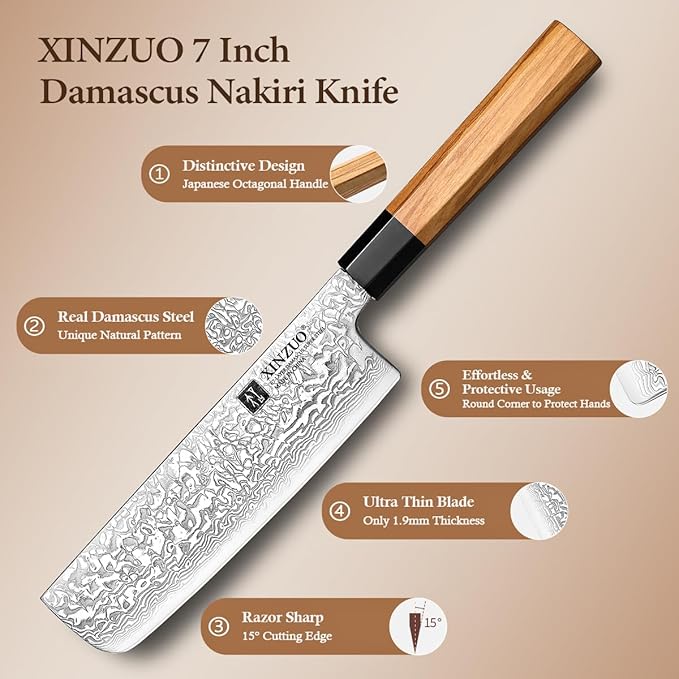 XINZUO 7 Inch Nakiri Knife, 67 Layers Damascus Steel, Professional Meat Cleaver Knife for Chefs Home Cooking,Ultra Sharp, Chopping Knife with Olive Wood Octagonal Handle