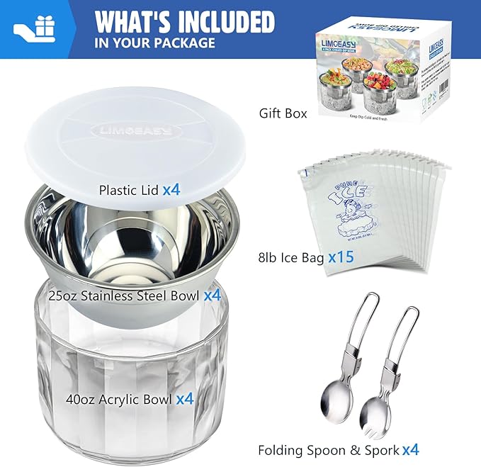 LIMOEASY Chilled Dip Bowl (4 Pack), 25oz Ice Serving Bowl with Lid for Parties, Cold Serving Dish for Hummus, Salsa, Guacamole, Sauces, Pasta