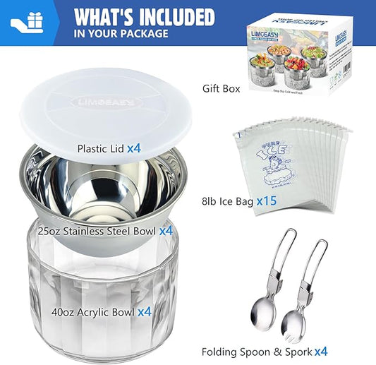 LIMOEASY Chilled Dip Bowl (4 Pack), 25oz Ice Serving Bowl with Lid for Parties, Cold Serving Dish for Hummus, Salsa, Guacamole, Sauces, Pasta