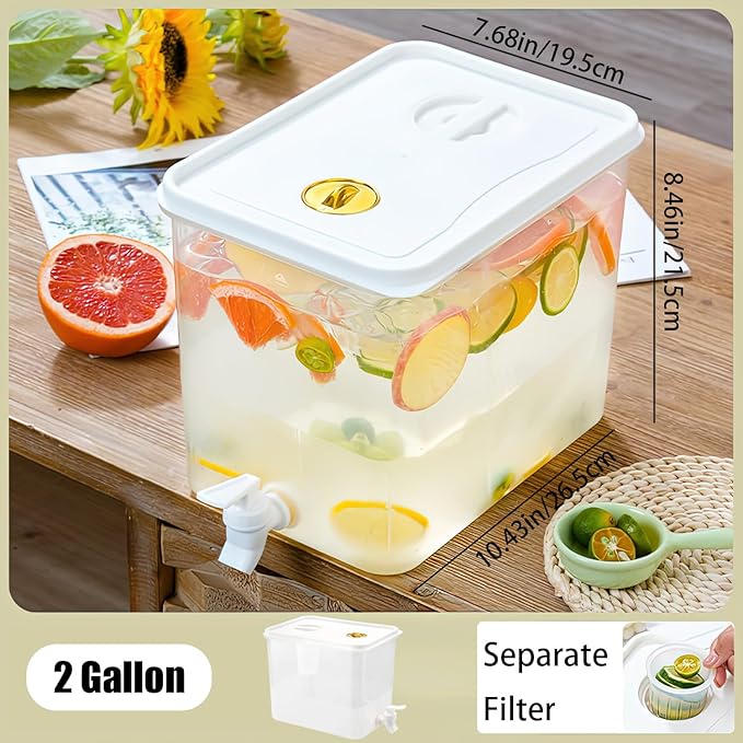 Beverage Drink Dispenser for Fridge, Plastic Beverage Dispenser with Spigot，Juice Container Sealed with Filter Screen，Cold Hot Drink Jug for Christmas Party Supplies (1PCS 2 Gallon)