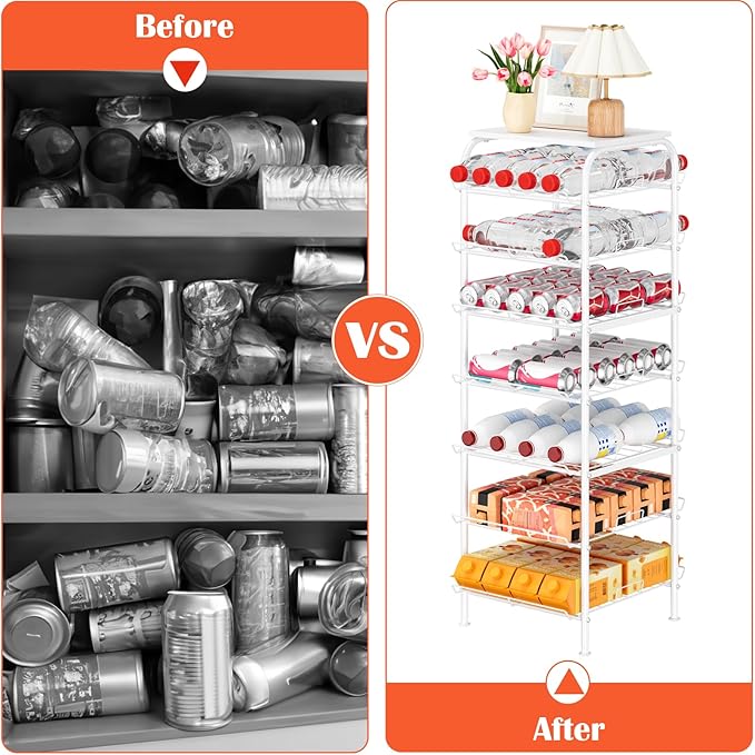 smusei Water Bottle Organizer 7 Tier Free Standing Bottled Water Storage Rack Metal Wire Water Bottle Holder Rack Large Capacity Soda Beverage Drink Stand Shelf for Pantry Kitchen Office, White