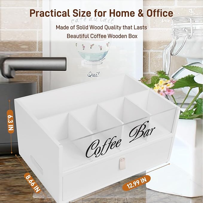 2-Tier Coffee Bar Organizer with Clear Acrylic Top, Built-in Drawer and Leather Handle Pull for Countertop, Stylish Coffee Station Storage Box for Accessories, Pods, Great Gifts for Home