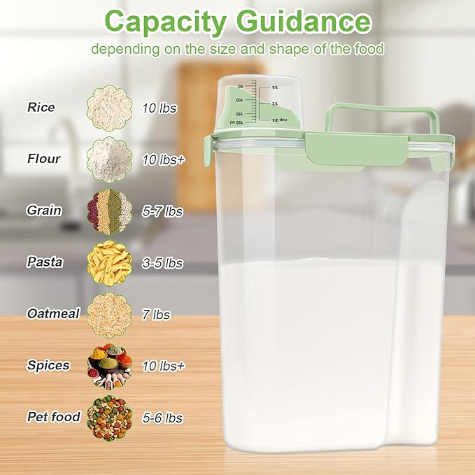 Airtight 10LBS/ Rice/Cereal/Dry Food Storage Container BPA Free, 5.28Qt Clear Plastic Kitchen and Pantry Organization Bin Suitable for Oats, Flour, Sugar, Pasta, Pet Food, etc (Fruit Green
