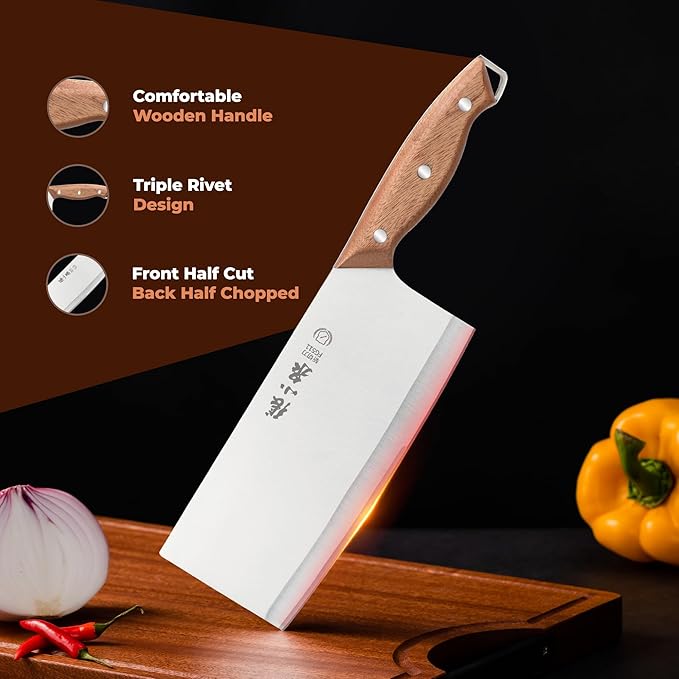 ZHANG XIAO QUAN SINCE 1628 7.3” Meat Cleaver, 40Cr13 Chinese Chopper Slicing Knife Chinese Chefs Knife Wood Handle