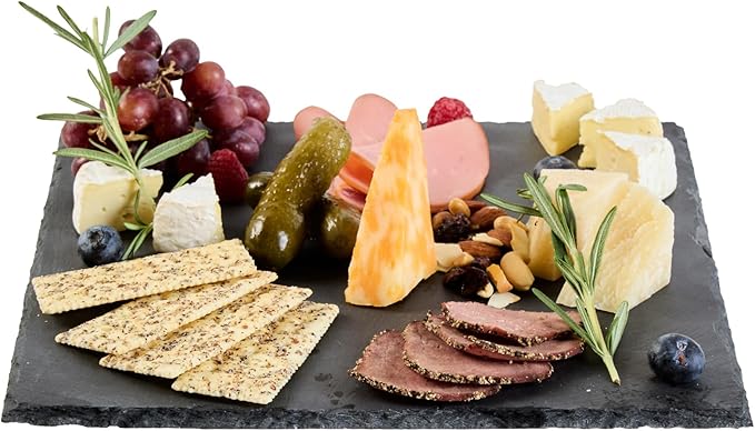 Restaurantware Slate Serving Trays 4 Pack of 12 x 12" Foam Feet Charcuterie Stone Plates Rustic Edges Freezable Black Square Serving Display Cheese Boards for Kitchen, Gourmet, Dining, Parties