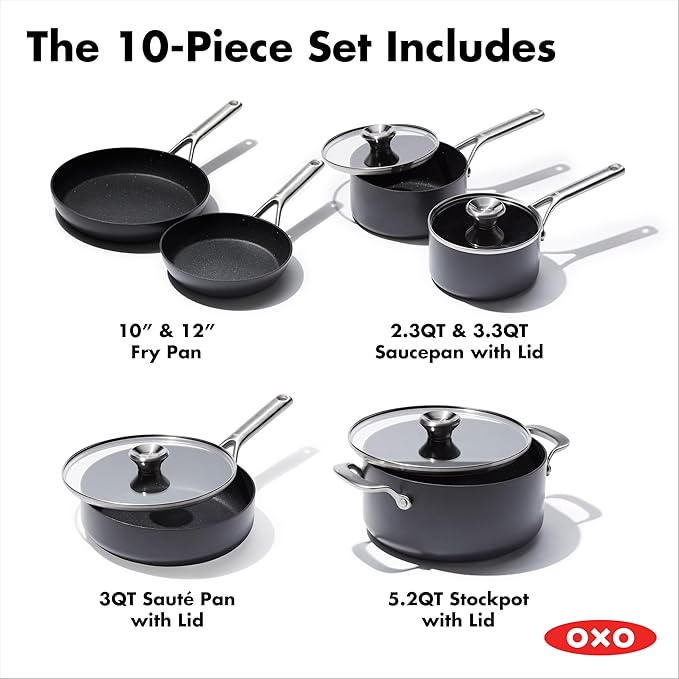 OXO Professional 10 Piece Cookware Pots and Pans Set, Hard Anodized Ceramic Nonstick PFAS-Free,Stainless Steel Handles,Induction,Skillets,Saute,Diamond Reinforced Coating,Dishwasher & Oven Safe,Black