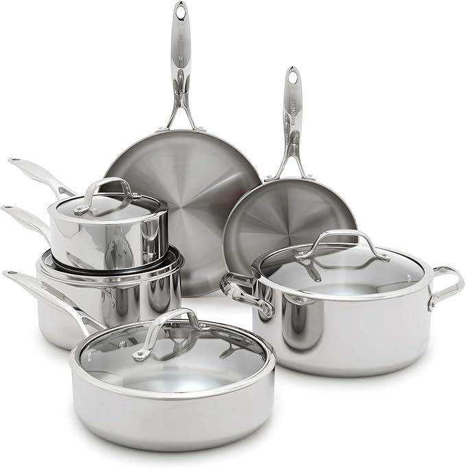 GreenPan Valencia Pro Stainless Steel 10 Piece Cookware Pots and Pans Set, Induction Suitable Mirrored Tri-Ply, Ceramic Nonstick PFAS-Free Coating, Multi Clad, Dishwasher Oven & Broiler Safe