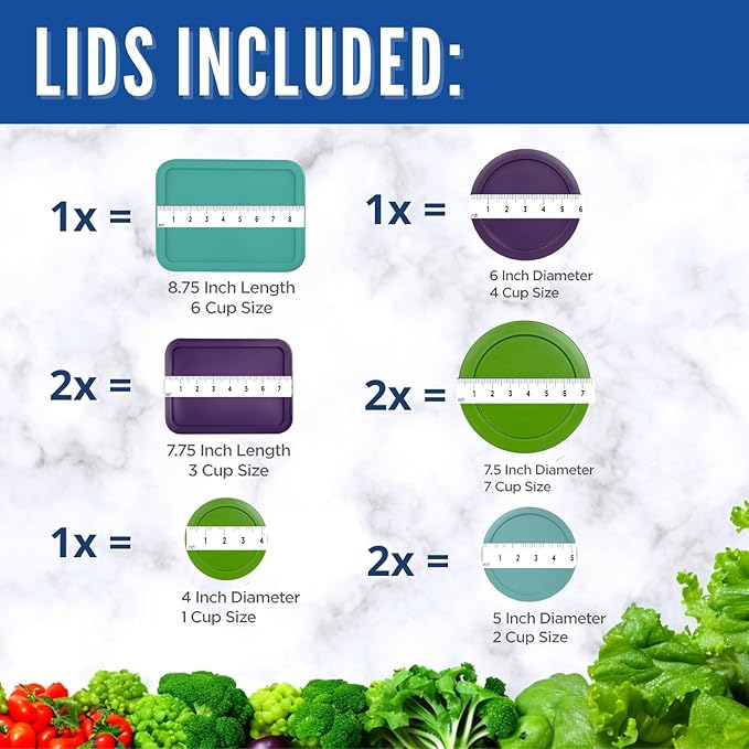 Replacement Lids for Pyrex Containers (1) 1-Cup Green (2) 2-Cup Turqoise (2) 4-Cup Purple (1) 7-Cup Green (2) 3-Cup Purple (1) 6-Cup Turqoise Round Rectangle