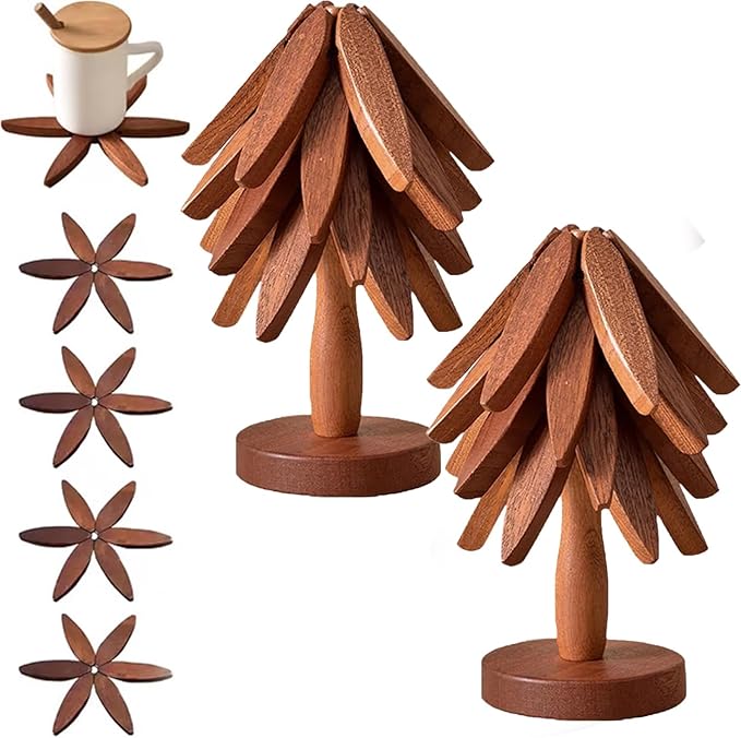 Christmas Tree Trivet Set of 4, Natural Tree Trivet Set - 4 Wooden Trivets & 1 Stand Like a Christmas TRE, Foldable Wood Coasters Heat Resistant Coasters for Hot Pots, Rustic Kitchen(Set A,2pcs)