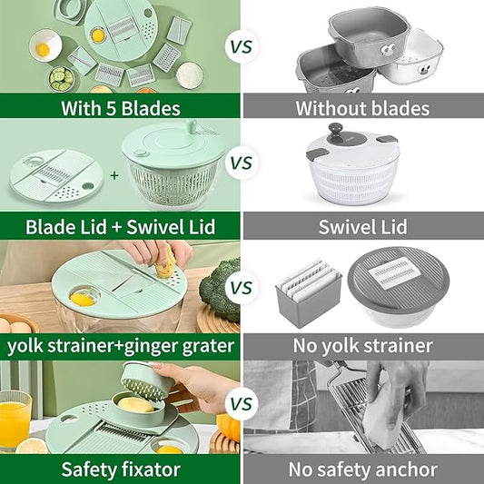 Large Salad Spinner and Slicer - 5.3 Qt, Grater with Container and Lid & Kitchen Gadget set, Vegetable Dryer Grater, with Fruits Wash Bowl, with Slicer and Shredder (Light Green)