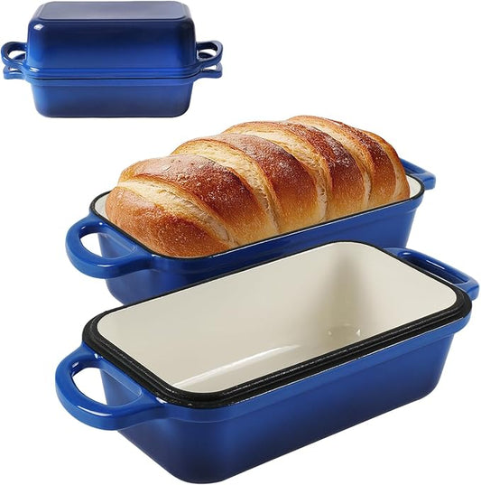 9 x 5 Inch Bread Pan Enameled Cast Iron Loaf Pan with Lid for Baking, 2 in 1 Non-stick Sourdough Bread Loaf Pan for Homemade Bread, Oven & Stovetop Safe for Gas, Electric & Induction, Blue