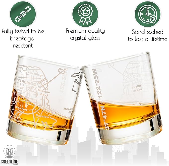 Greenline Goods Whiskey Glasses - 10 Oz Tumbler Gift Set for San Francisco lovers, Etched with San Francisco Map | Old Fashioned Rocks Glass - Set of 2