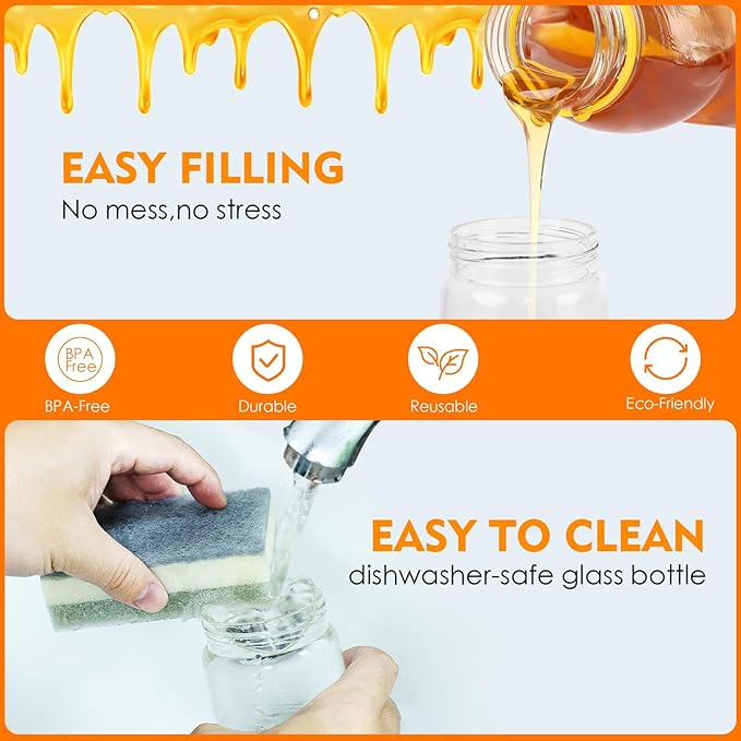 9 OZ Glass Honey Dispenser and Pot Set – No Drip Honey Jar with Lid – Perfect for Honey and Syrup Storage in Home Kitchen