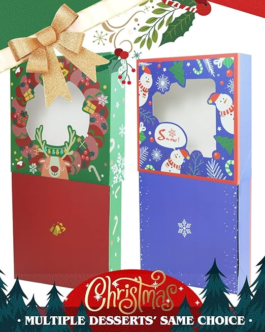 qiqee New Christmas Pie Boxes with Window 10x10x2.5 inch 30Packs Cookie Donut Bakery Box