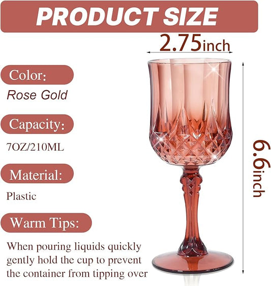 24 Pcs Plastic Rose Gold Stemmed Wine Glasses, 7oz, Unbreakable, BPA-free, Dishwasher Safe, Perfect for Weddings, Parties, and Everyday Use