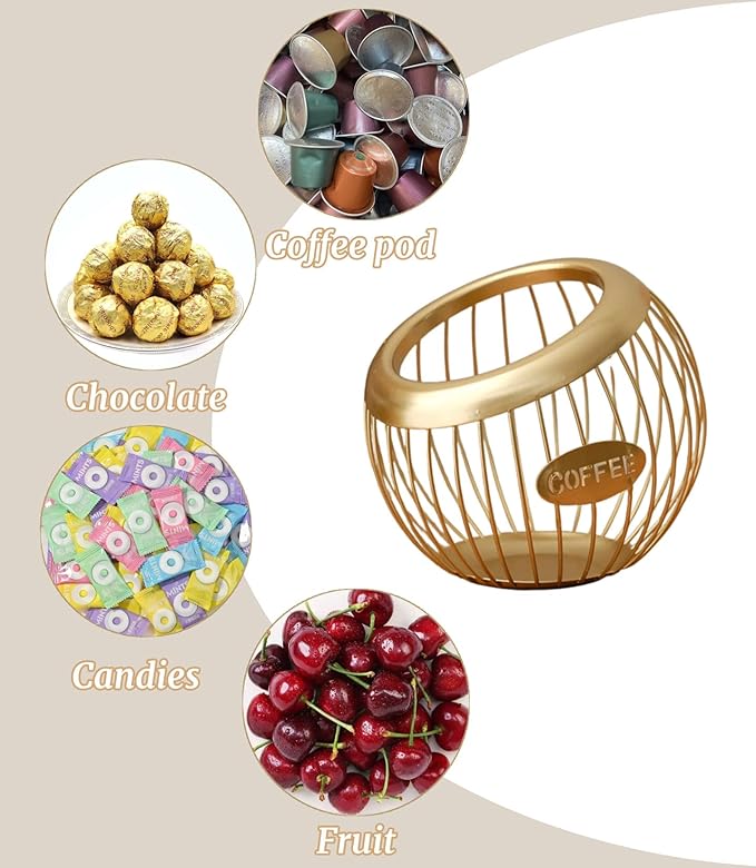 Metal Coffee Pod Holder Wire Coffee Pods Storage Basket Espresso Capsule Storage for Home Kitchen Cafe Hotel (Gold spherical)