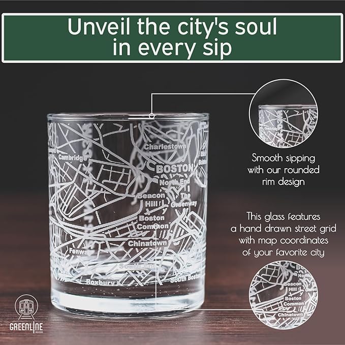 Greenline Goods Whiskey Glasses - 10 Oz Tumbler Gift Set for Boston lovers, Etched with Boston Map | Old Fashioned Rocks Glass - Set of 2