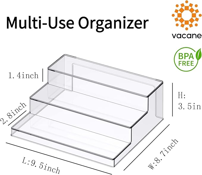 vacane Clear Spice Rack, 3 Tiered Shelf Spice Organizer for Cabinet, Spice Shelf and Jar Organizers Make Up Organization Great for Pantry, Bathroom, Kitchen, Bedroom, Office