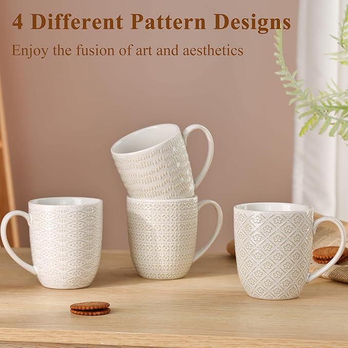 Embossment Coffee Mugs Set of 4, 12 oz Ceramic Coffee Cups Set, White Tea Cups with Large Handle for Latte, Cappuccino, Mocha, Cocoa, Microwave & Dishwasher Safe