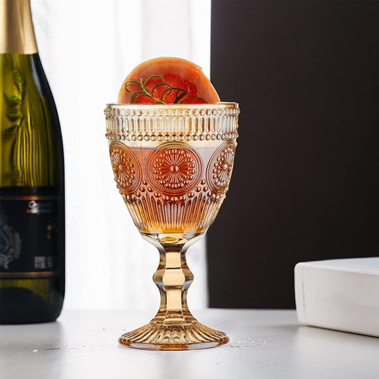 24 Pcs Vintage Wine Glasses, 10 Oz Colored Glass Water Goblets, Unique Flower Embossed Pattern High Clear Stemmed Glassware Wedding Party Bar Glass Drinking Cups Flower Amber Fancy Glasses Set of 24