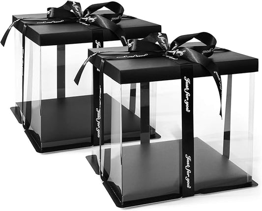 Clear Cake Box, 2-Pack Cake Carrier Container 10" X 10" X 9" with Ribbon Transparent Boxes with Lid Gift Package for Birthday Wedding Party, Black