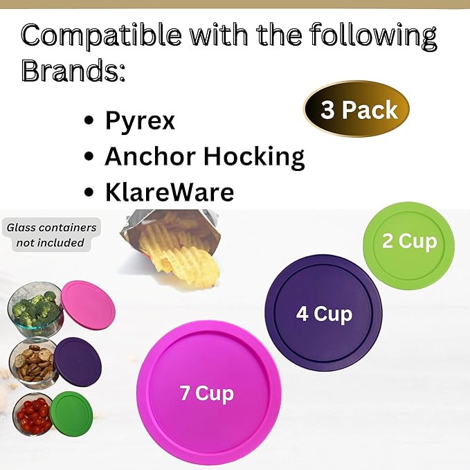 2, 4 & 7 Cup Spring Green, Purple, Pink Replacement Lids/Covers for Pyrex, Anchor Hocking & KlareWare Storage Bowls *Lids Only Glass Container Not Included* (3 Pack *One of Each Size*)