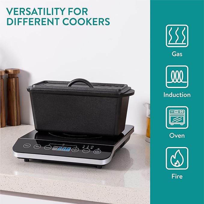 Navaris Cast Iron Bread Loaf Tin with Lid, 34cm, Black - Even Heat Distribution - Pre-Seasoned Non-Stick Baking Pan - Cake and Bread Tins for Roasting, Oven Cooking & Grilling